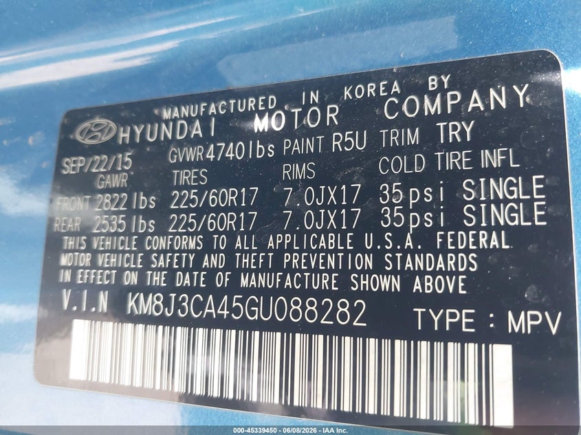 2016 Hyundai Tucson VIN KM8J3CA45GU088282 IAAI salvage auction — NORMAL WEAR, Salvage Title, sold $2,500 on 2026-07-07 (photo 9)