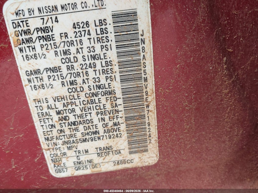 2014 Nissan Rogue VIN JN8AS5MV9EW719242 IAAI salvage auction — FRONT END, Salvage Title, sold $250 on 2026-07-09 (photo 9)