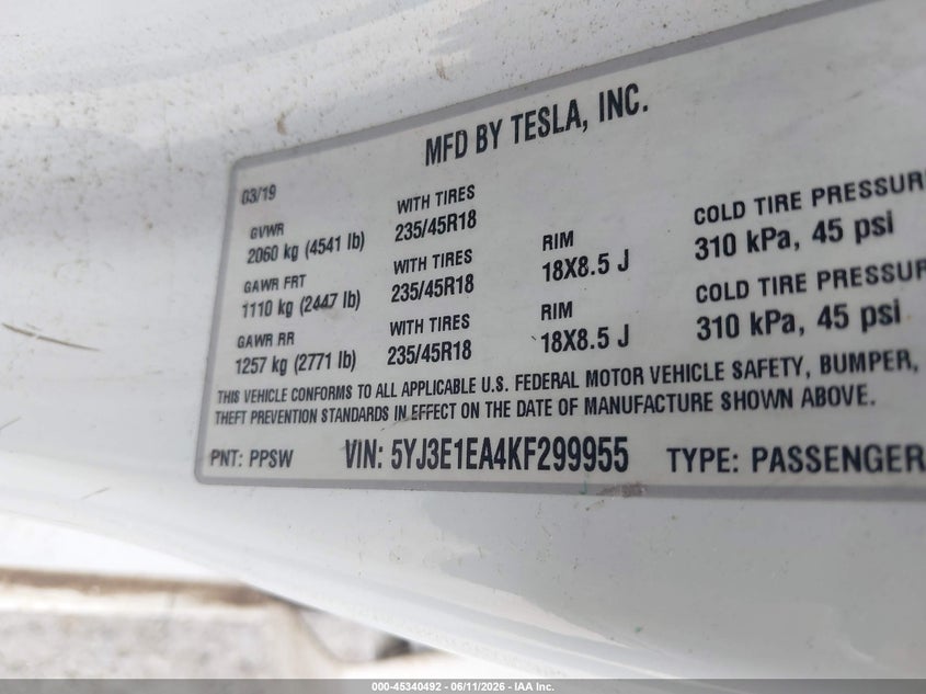 2019 Tesla Model 3 VIN 5YJ3E1EA4KF299955 IAAI salvage auction — LEFT REAR, Salvage (Texas), sold $5,025 on 2026-07-08 (photo 9)