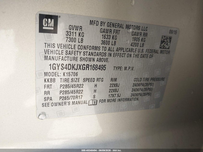 2016 Cadillac Escalade VIN 1GYS4DKJXGR168495 IAAI salvage auction — FRONT END, Salvage (California), sold $5,750 on 2026-07-15 (photo 9)