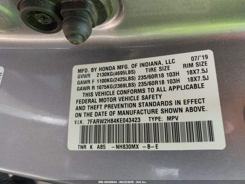 2019 Honda Cr-v VIN 7FARW2H84KE043423 IAAI salvage auction — FRONT END, Salvage (North Carolina), sold $4,550 on 2026-07-20 (photo 9)