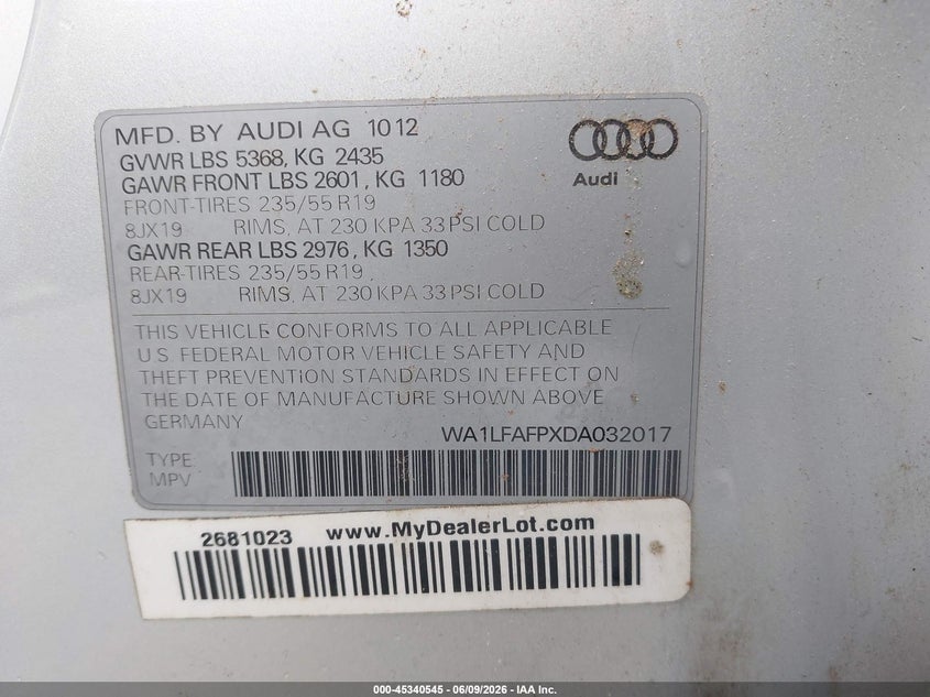 2013 Audi Q5 VIN WA1LFAFPXDA032017 IAAI salvage auction — NORMAL WEAR, Clear (Georgia), sold $950 on 2026-07-22 (photo 9)