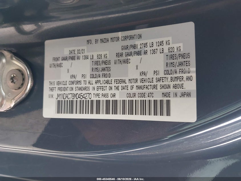 2021 Mazda Mx-5 VIN JM1NDAC78M0454270 IAAI salvage auction — FRONT END, Salvage (Missouri), sold $2,100 on 2026-07-21 (photo 9)