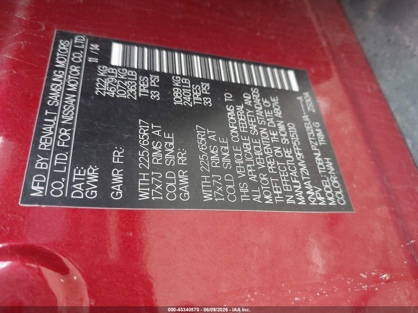 2015 Nissan Rogue VIN KNMAT2MV9FP515110 IAAI salvage auction — LEFT FRONT, Salvage (Illinois), sold $25 on 2026-07-27 (photo 9)