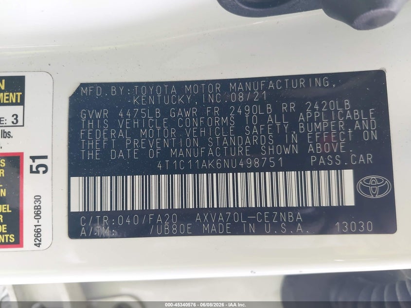 2022 Toyota Camry VIN 4T1C11AK6NU498751 IAAI salvage auction — REPOSSESSION, Salvage Title, sold $9,900 on 2026-07-10 (photo 9)