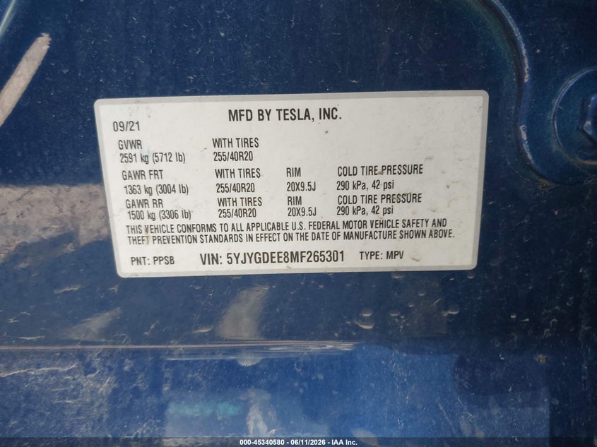2021 Tesla Model y VIN 5YJYGDEE8MF265301 IAAI salvage auction — FRONT END, Mv-907A (New York), sold $9,250 on 2026-07-16 (photo 9)