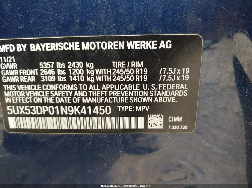 2022 BMW X3 VIN 5UX53DP01N9K41450 IAAI salvage auction — LEFT SIDE, Salvage (Massachusetts), sold $12,200 on 2026-07-10 (photo 9)