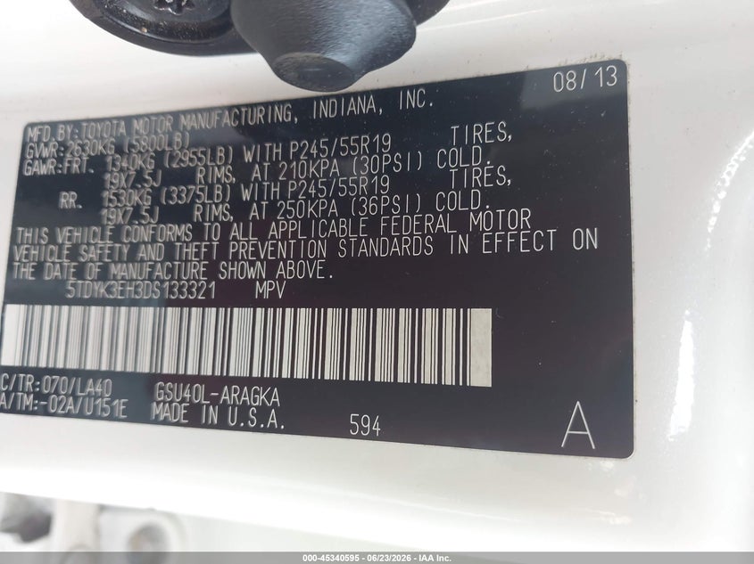 2013 Toyota Highlander VIN 5TDYK3EH3DS133321 IAAI salvage auction — FRONT END, Salvage (Alabama), sold $3,200 on 2026-07-29 (photo 9)