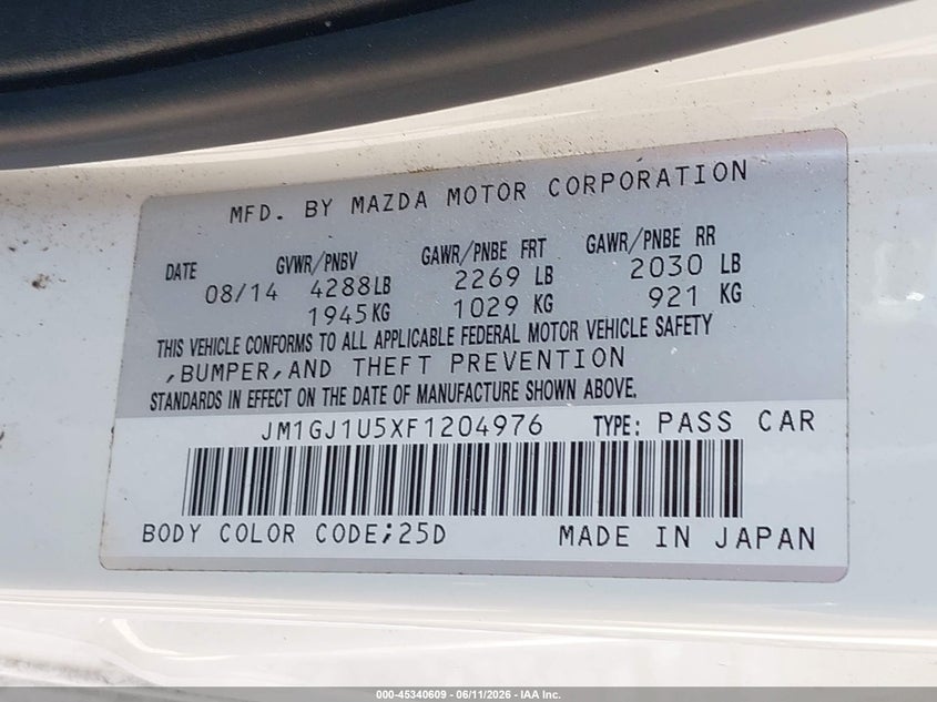 2015 Mazda 6 VIN JM1GJ1U5XF1204976 IAAI salvage auction — LEFT FRONT, Salvage Title, sold $1,850 on 2026-10-03 (photo 9)