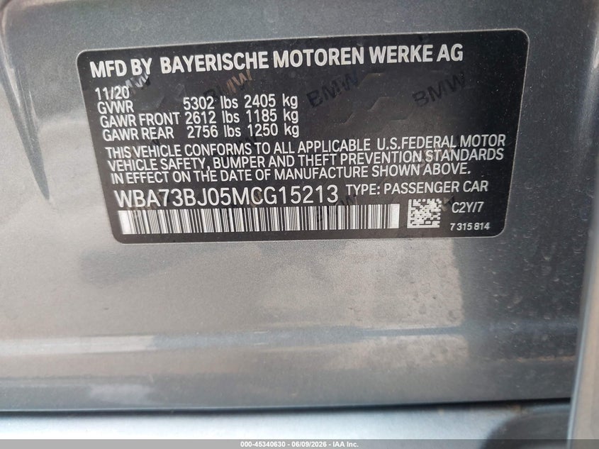 2021 BMW 5er VIN WBA73BJ05MCG15213 IAAI salvage auction — FRONT & REAR, Salvage Title, sold $17,300 on 2026-07-30 (photo 9)