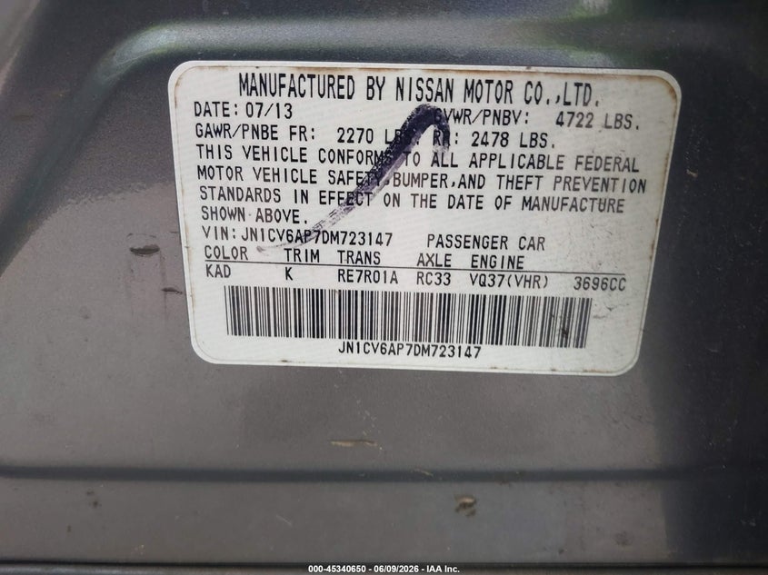 2013 Infiniti G37 VIN JN1CV6AP7DM723147 IAAI salvage auction — REAR END, Original (Texas), sold $475 on 2026-07-22 (photo 9)