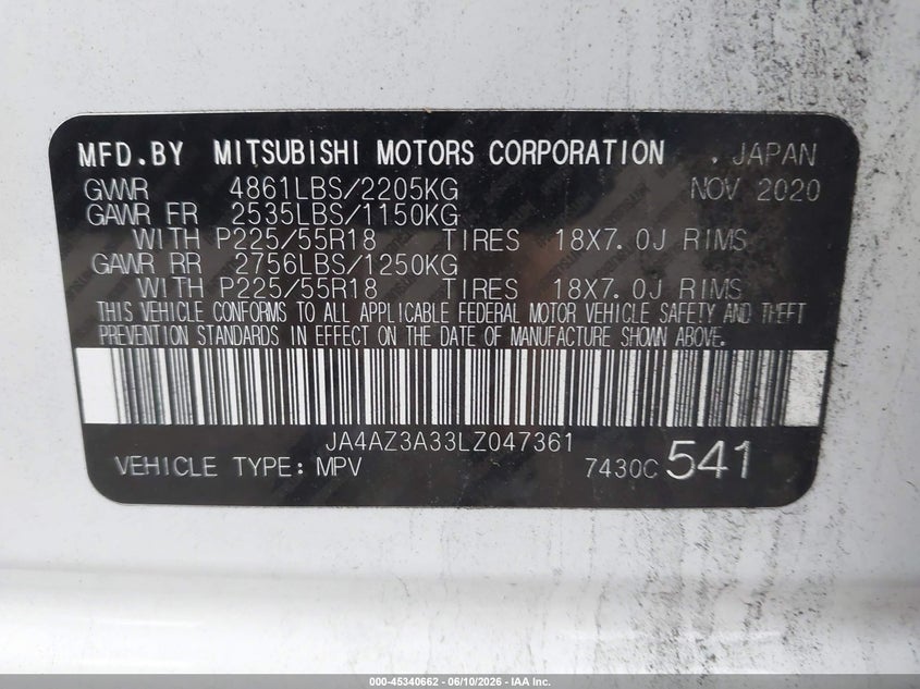 2020 Mitsubishi Outlander VIN JA4AZ3A33LZ047361 IAAI salvage auction — LEFT FRONT, Salvage (Pennsylvania), sold $3,400 on 2026-07-11 (photo 9)
