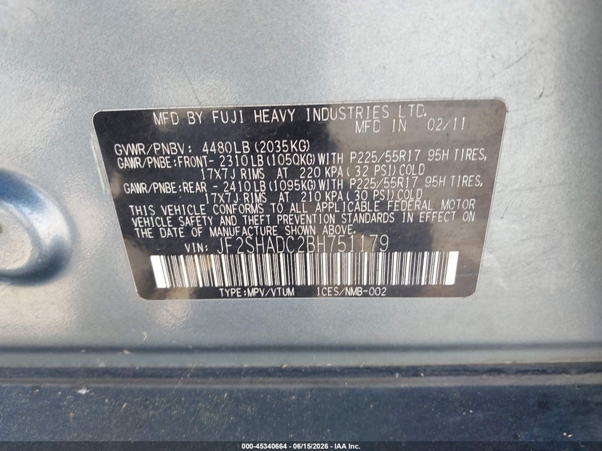 2011 Subaru Forester VIN JF2SHADC2BH751179 IAAI salvage auction — NORMAL WEAR, Clear - Dealer Only (California), sold $425 on 2026-07-29 (photo 9)