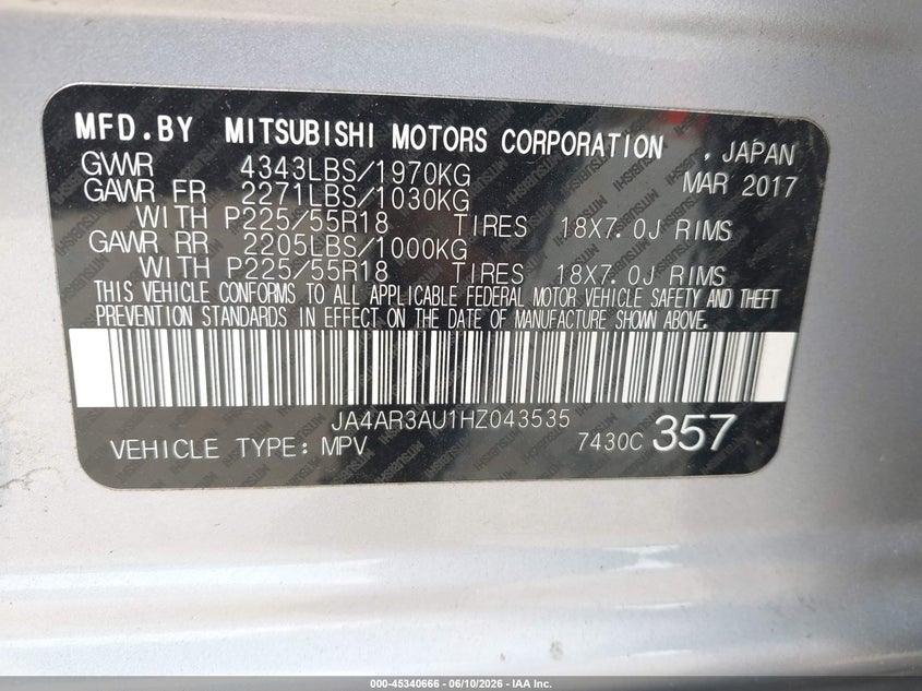 2017 Mitsubishi Outlander VIN JA4AR3AU1HZ043535 IAAI salvage auction — LEFT SIDE, Wait Title, sold $2,475 on 2026-09-22 (photo 9)