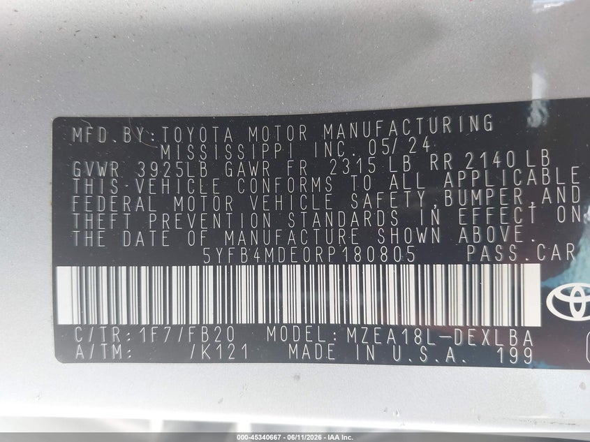 2024 Toyota Corolla VIN 5YFB4MDE0RP180805 IAAI salvage auction — LEFT SIDE, Salvage Title, sold $6,300 on 2026-07-15 (photo 9)