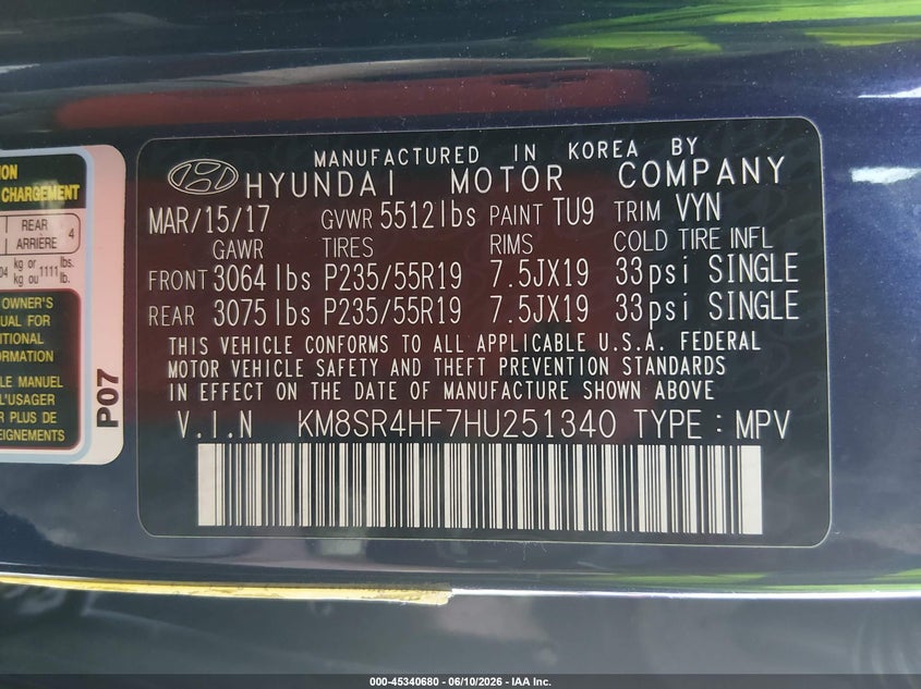 2017 Hyundai Santa fe VIN KM8SR4HF7HU251340 IAAI salvage auction — FRONT END, Salvage (Alabama), sold $2,150 on 2026-07-29 (photo 9)