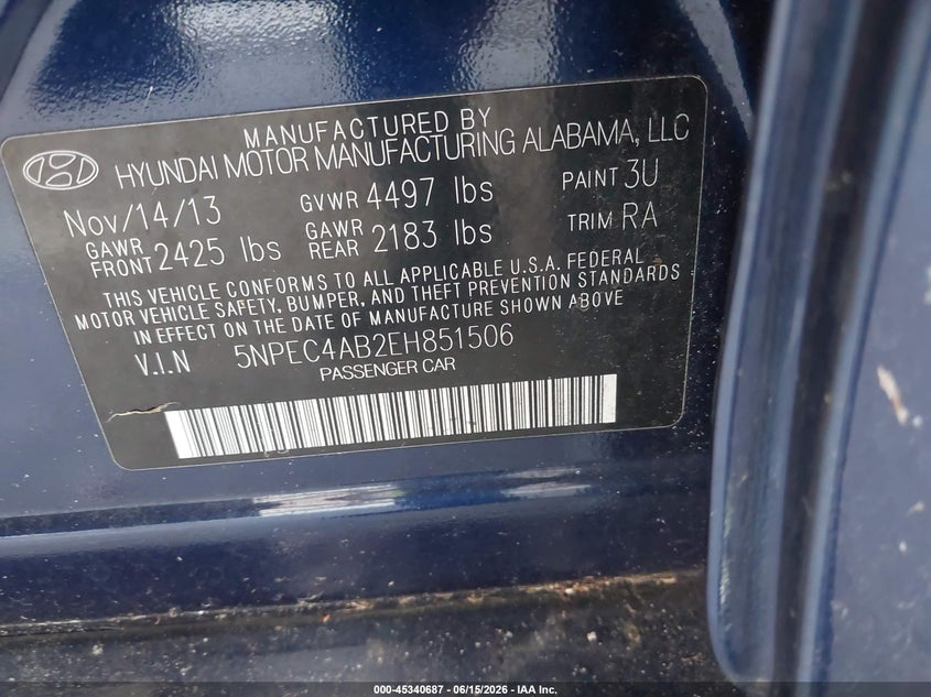 2014 Hyundai Sonata VIN 5NPEC4AB2EH851506 IAAI salvage auction — MECHANICAL, Clear (Florida), sold $1,075 on 2026-07-08 (photo 9)