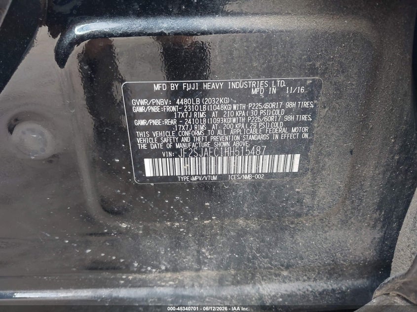 2017 Subaru Forester VIN JF2SJAEC1HH515487 IAAI salvage auction — UNKNOWN, Salvage (Massachusetts), sold $1,300 on 2026-07-17 (photo 9)
