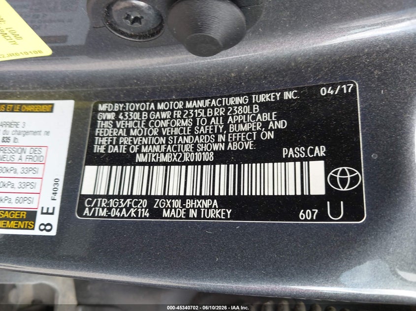 2018 Toyota C-hr VIN NMTKHMBX2JR010108 IAAI salvage auction — LEFT REAR, Original (Texas), sold $5,100 on 2026-07-29 (photo 9)