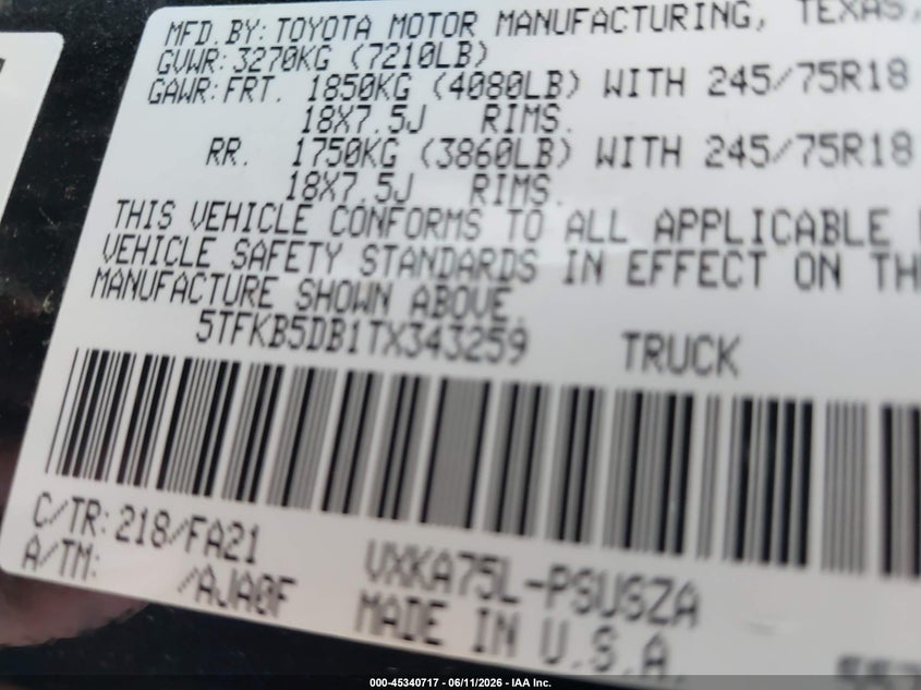 2026 Toyota Tundra VIN 5TFKB5DB1TX343259 IAAI salvage auction — FRONT END, Salvage Title, sold $9,200 on 2026-08-02 (photo 9)