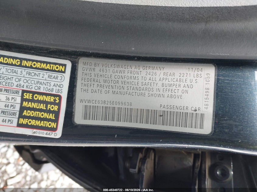 2005 Volkswagen Passat VIN WVWCE63B25E099638 IAAI salvage auction — LEFT SIDE, Bill Of Sale (Washington), sold $325 on 2026-07-08 (photo 9)