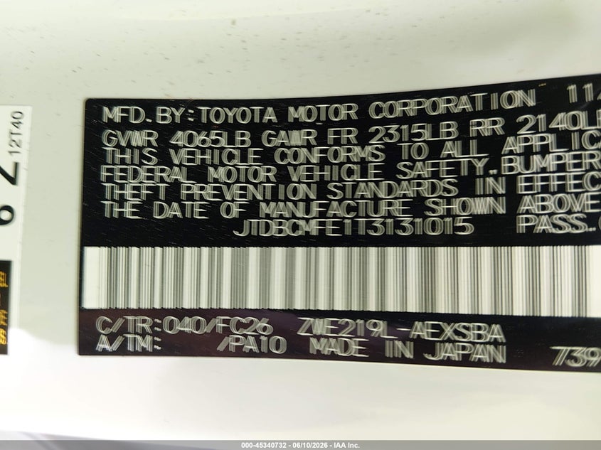 2026 Toyota Corolla VIN JTDBCMFE1T3131015 IAAI salvage auction — FRONT & REAR, Salvage Title, sold $8,100 on 2026-07-22 (photo 9)
