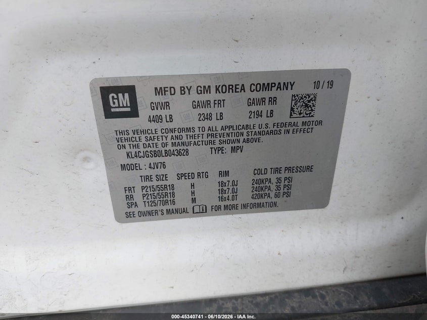 2020 Buick Encore VIN KL4CJGSB0LB043628 IAAI salvage auction — FRONT END, Clear (Michigan), sold $5,100 on 2026-07-27 (photo 9)