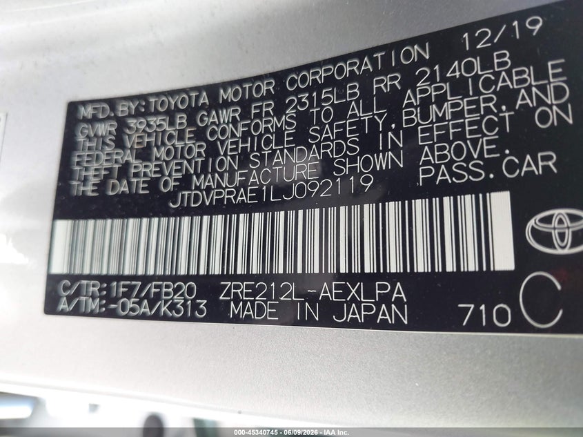 2020 Toyota Corolla VIN JTDVPRAE1LJ092119 IAAI salvage auction — LEFT FRONT, Salvage (California), sold $7,100 on 2026-07-13 (photo 9)