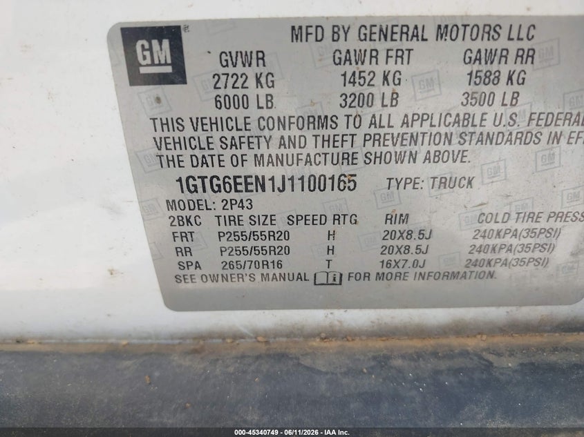2018 Gmc Canyon VIN 1GTG6EEN1J1100165 IAAI salvage auction — FRONT END, Salvage (Arkansas), sold $2,550 on 2026-08-01 (photo 9)