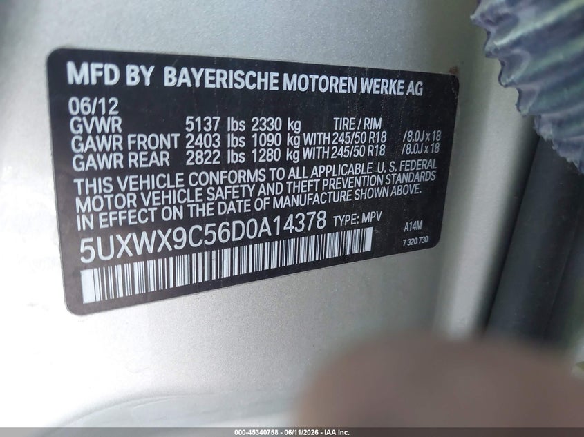 2013 BMW X3 VIN 5UXWX9C56D0A14378 IAAI salvage auction — NORMAL WEAR, Original (Texas), sold $400 on 2026-07-14 (photo 9)