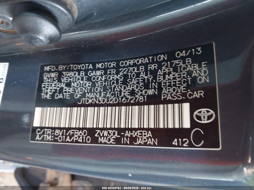 2013 Toyota Prius VIN JTDKN3DU2D1672781 IAAI salvage auction — NORMAL WEAR, Salvage Title, sold $2,400 on 2026-07-07 (photo 9)