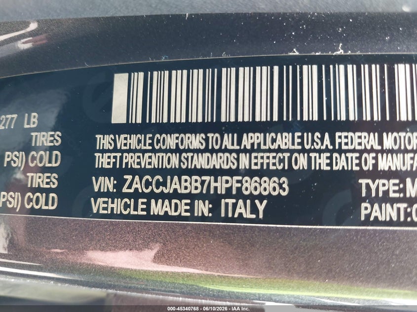 2017 Jeep Renegade VIN ZACCJABB7HPF86863 IAAI salvage auction — FRONT END, Salvage (Texas), sold $1,725 on 2026-07-13 (photo 9)