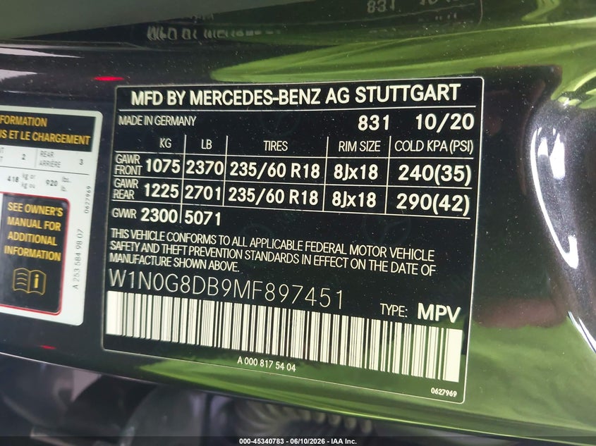 2021 Mercedes-benz Glc VIN W1N0G8DB9MF897451 IAAI salvage auction — FRONT END, Salvage (Idaho), sold $12,775 on 2026-08-01 (photo 9)