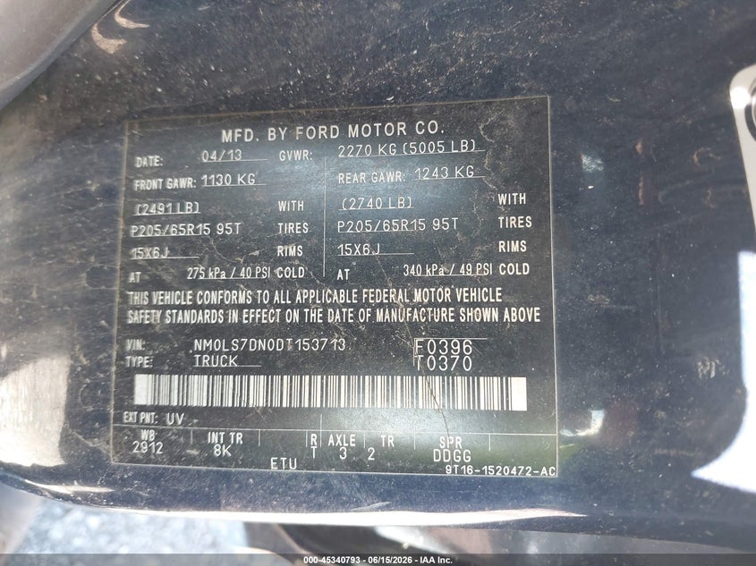 2013 Ford Transit connect VIN NM0LS7DN0DT153713 IAAI salvage auction — NORMAL WEAR, Clear (Missouri), sold $475 on 2026-07-20 (photo 9)