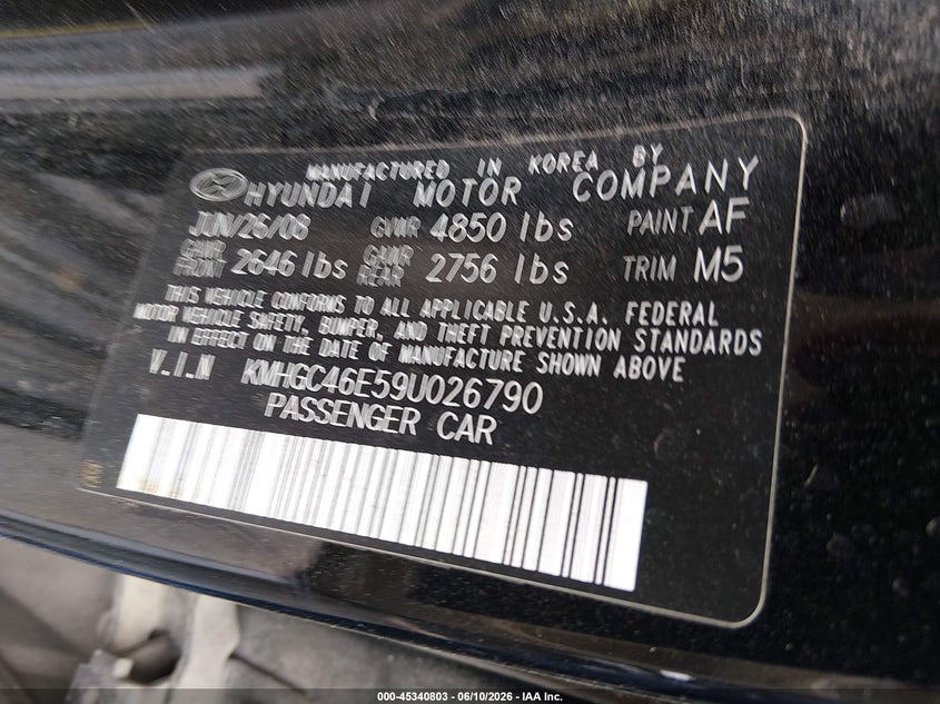 2009 Hyundai Genesis VIN KMHGC46E59U026790 IAAI salvage auction — REAR END, Salvage (North Carolina), sold $625 on 2026-07-22 (photo 9)