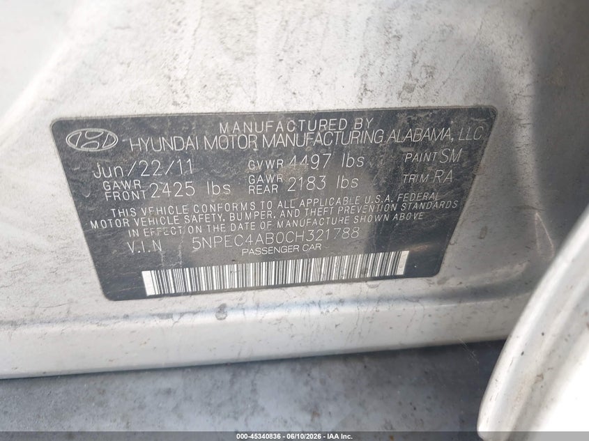 2012 Hyundai Sonata VIN 5NPEC4AB0CH321788 IAAI salvage auction — FRONT END, Salvage (Texas), sold $300 on 2026-07-15 (photo 9)