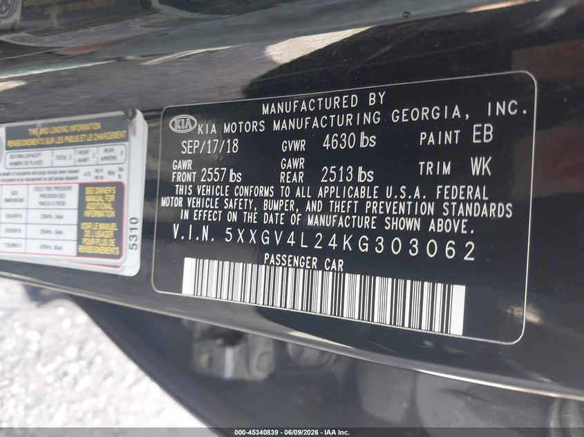 2019 Kia Optima VIN 5XXGV4L24KG303062 IAAI salvage auction — REAR END, Salvage (Georgia), sold $2,050 on 2026-07-23 (photo 9)