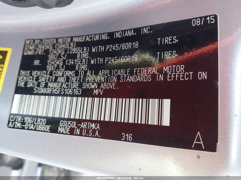 2015 Toyota Highlander VIN 5TDKKRFH5FS106163 IAAI salvage auction — FRONT END, Salvage (Alabama), sold $7,175 on 2026-07-08 (photo 9)