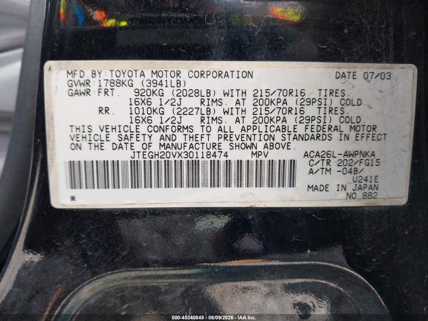 2003 Toyota Rav 4 VIN JTEGH20VX30118474 IAAI salvage auction — FRONT END, Bill Of Sale (Washington), sold $725 on 2026-07-22 (photo 9)