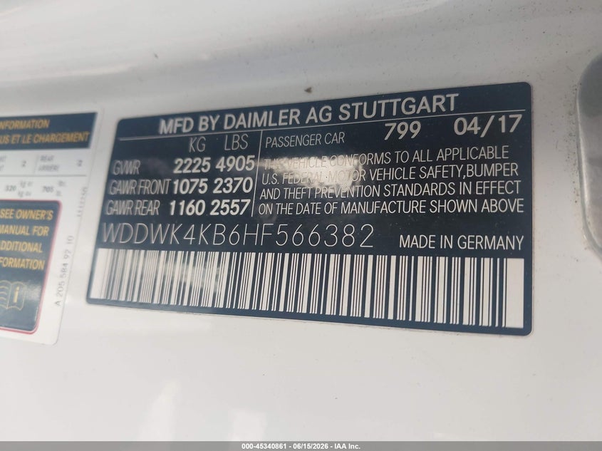2017 Mercedes-benz C-klasse VIN WDDWK4KB6HF566382 IAAI salvage auction — REAR END, Salvage Title, sold $8,750 on 2026-07-28 (photo 9)