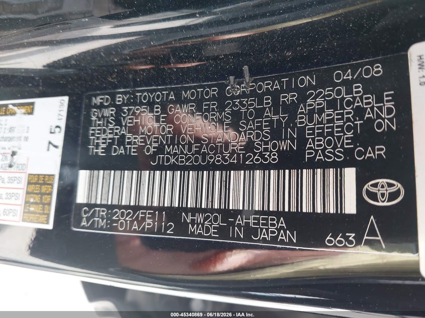 2008 Toyota Prius VIN JTDKB20U983412638 IAAI salvage auction — REAR END, Salvage (North Carolina), sold $25 on 2026-07-06 (photo 9)