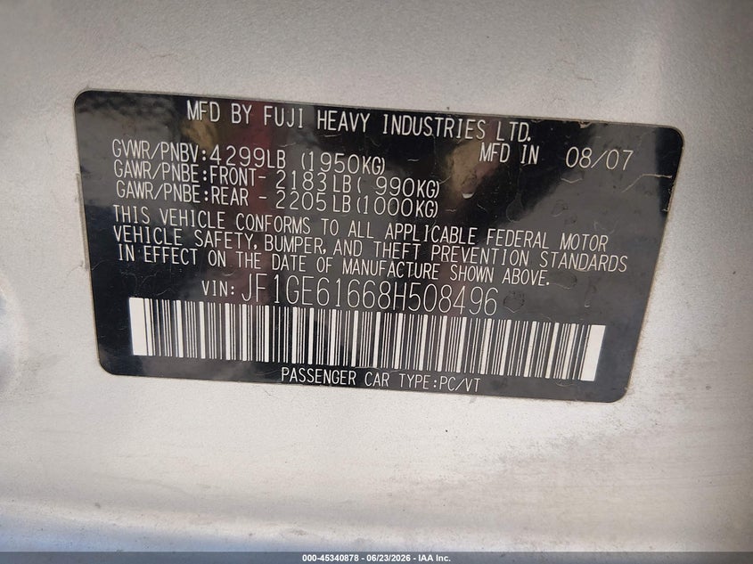 2008 Subaru VIN JF1GE61668H508496 IAAI salvage auction — LEFT REAR, Salvage (Nevada), sold $425 on 2026-07-24 (photo 9)