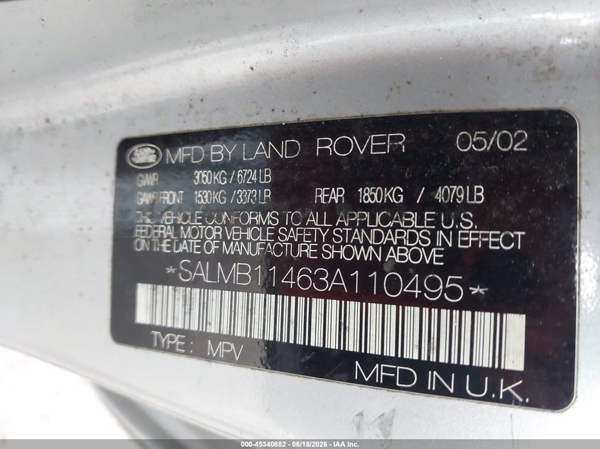 2003 Land rover RANGE ROVER VIN SALMB11463A110495 IAAI salvage auction — NORMAL WEAR, Clear (Tennessee), sold $500 on 2026-07-16 (photo 9)