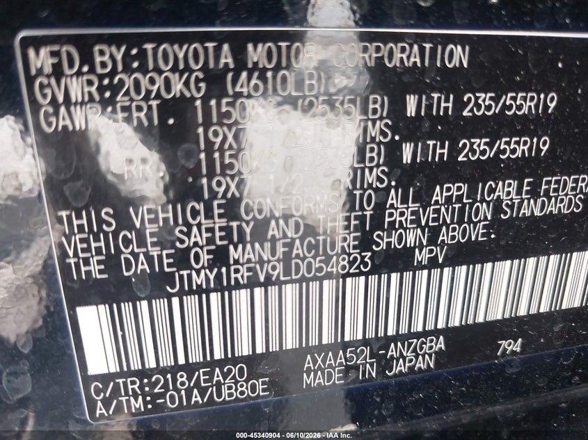 2020 Toyota Rav 4 VIN JTMY1RFV9LD054823 IAAI salvage auction — Burn Engine, Salvage Title, sold $800 on 2026-07-28 (photo 9)