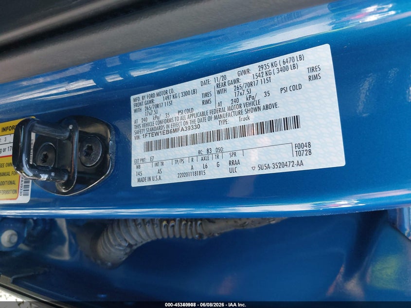 2021 Ford F-150 VIN 1FTEW1EB6MFA39330 IAAI salvage auction — NORMAL WEAR, Sf97 (New York), sold $17,000 on 2026-07-31 (photo 9)