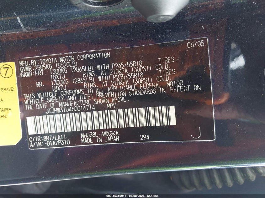 2006 Lexus Rx VIN JTJHW31U460016714 IAAI salvage auction — NORMAL WEAR, Clear (Kansas), sold $900 on 2026-07-22 (photo 9)