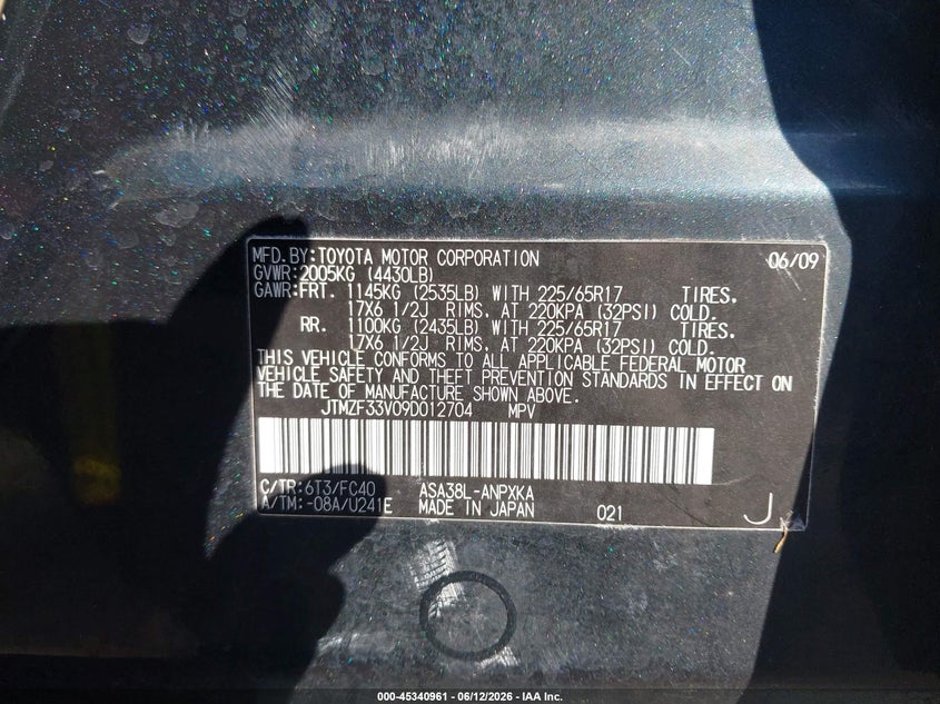 2009 Toyota Rav4 VIN JTMZF33V09D012704 IAAI salvage auction — FRONT END, Salvage - Greater Than 75% (Maryland), sold $1,750 on 2026-07-15 (photo 9)