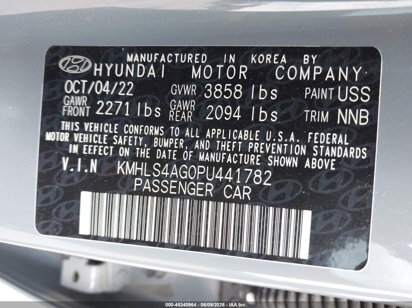 2023 Hyundai Elantra VIN KMHLS4AG0PU441782 IAAI salvage auction — FRONT END, Salvage Title, sold $5,100 on 2026-07-31 (photo 9)