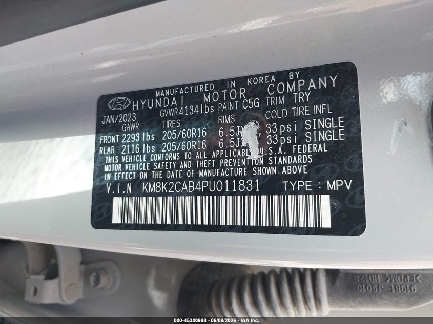 2023 Hyundai Kona VIN KM8K2CAB4PU011831 IAAI salvage auction — NORMAL WEAR, Sf97 (New York), sold $8,600 on 2026-07-23 (photo 9)
