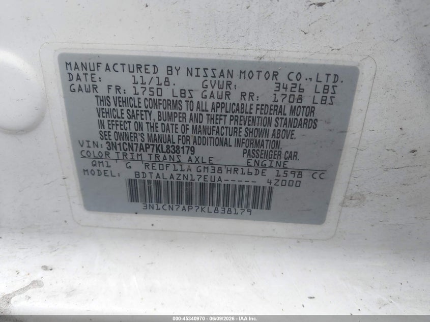 2019 Nissan Versa VIN 3N1CN7AP7KL838179 IAAI salvage auction — FRONT END, Bill Of Sale (Washington), sold $950 on 2026-09-01 (photo 9)